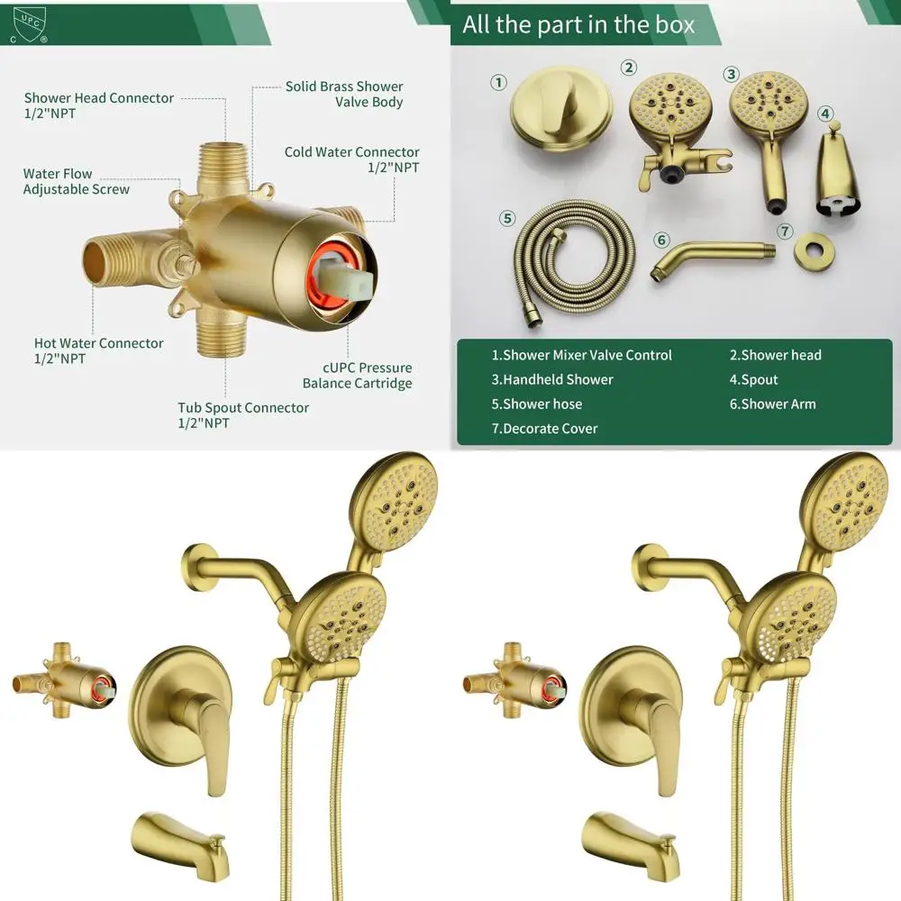 

Двойная душевая система с ручным душем, изливом для ванны и комплектом отделки в матовом золотом цвете