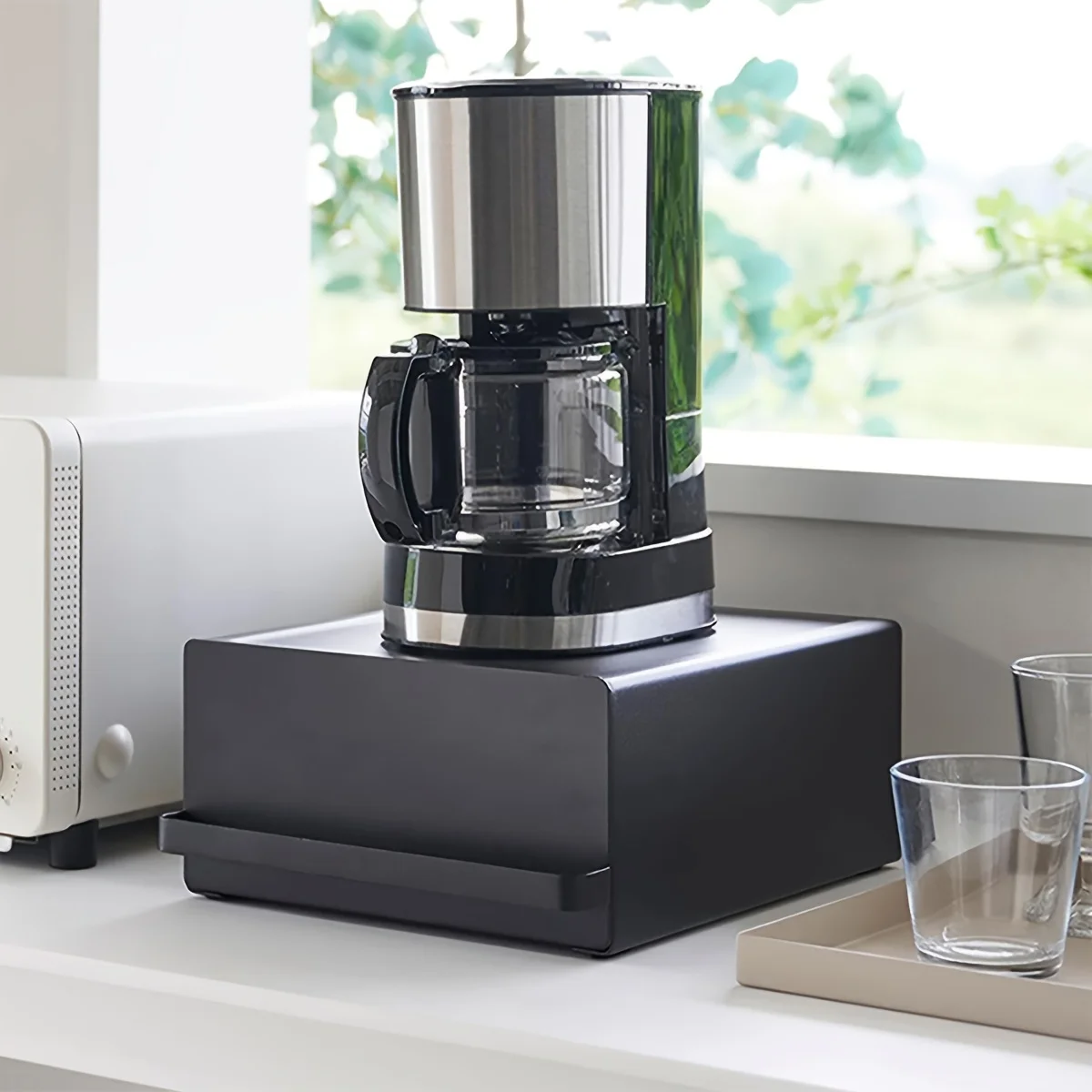 1pc-Kitchen Countertop Metal Storage Box with Drawer, Divider Tray Organizer for Coffee Machine, Water Dispenser Stand