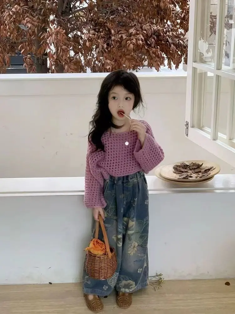 Girls Korean Set 2024 Autumn New Children Foreign Style Cut-out Knitted Top Denim Wide-leg Pants Three-piece Set