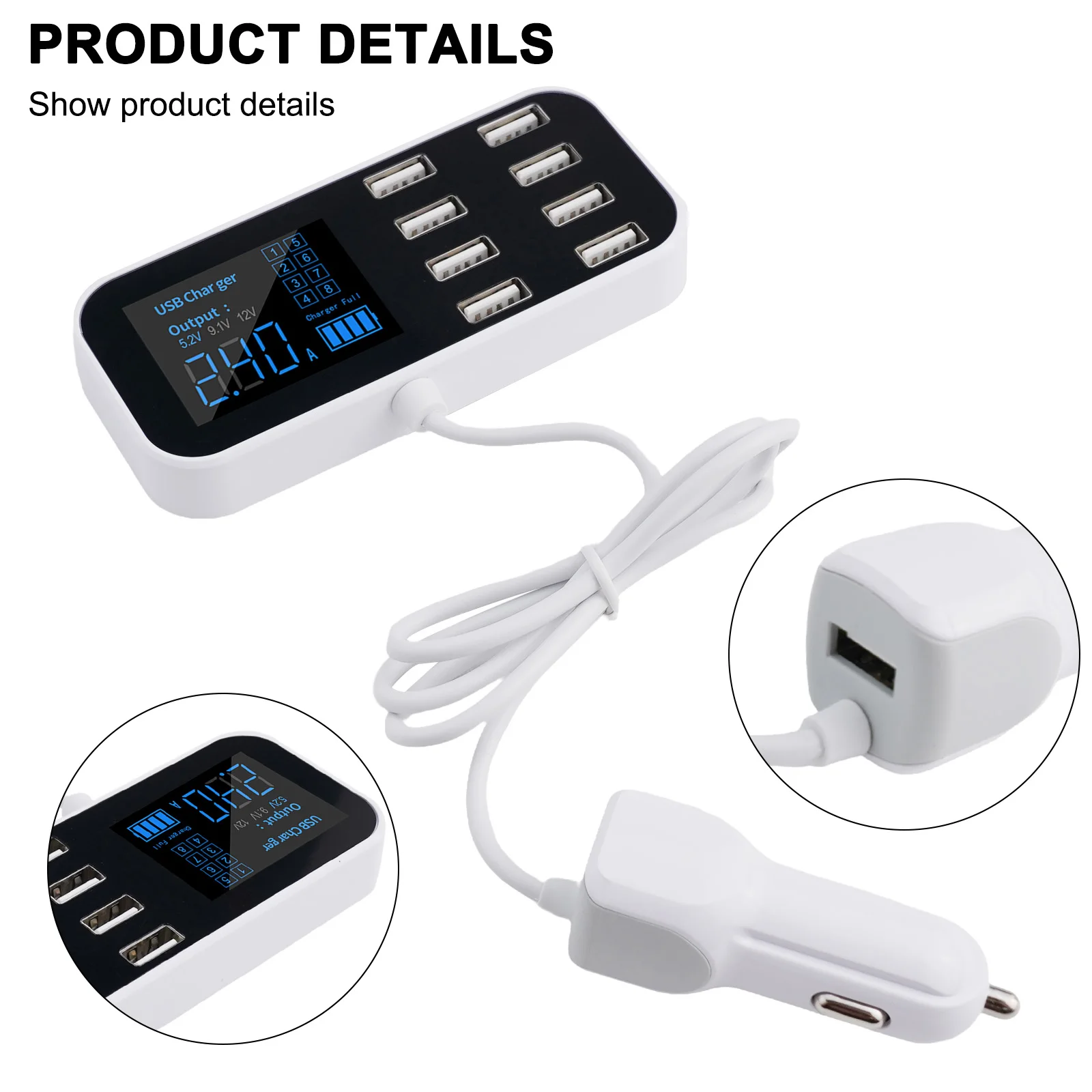 LCDディスプレイ付き急速充電器,ソフトLEDライト,モデルa9s,USB, 8ポート,40w,1 in 1,8出力,A-2.4A,dc,12v-24v