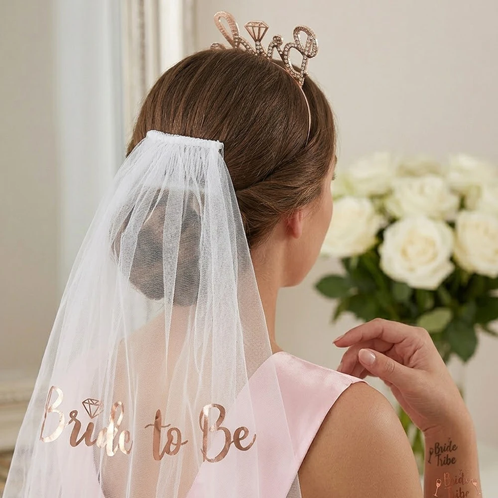 Rose Gold Bachelorette Party Decor Kit Bride To Be Veil Sash Tiara Heart Sunglasses Team Bride Hen Party Bridal Shower Supplies - view 6