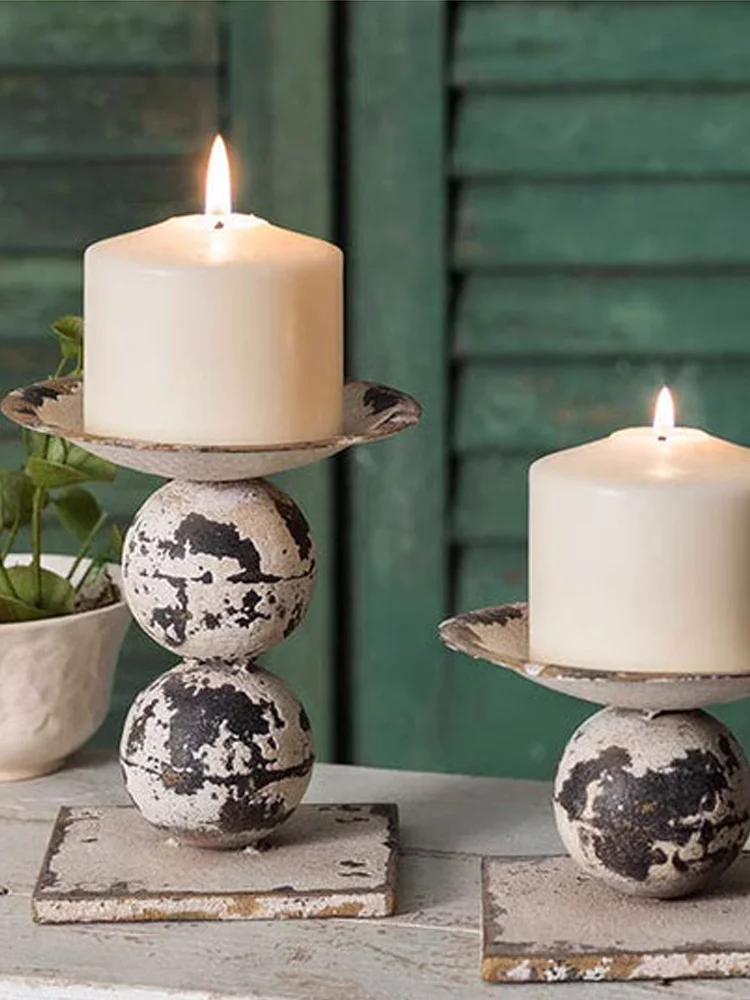 Vintage Distressed Metal Candle Holder, Double Ball Design, 15.5cm Height, White Plate, Farmhouse Style Decorative Stand