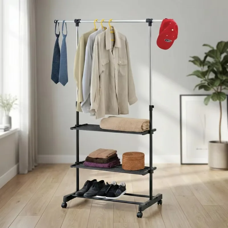 Modern Metal Hanger for Household Storage with 3 Shelves, Freestanding Multifunctional Clothing Storage Rack