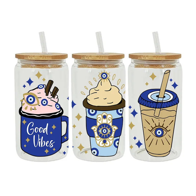 UV DTF Cup Wraps Transfer Stickers- 6 Sheets Blue Eyes Cup Rub on Transfers for Crafting Cup Decal Waterproof  Transfer Stickers