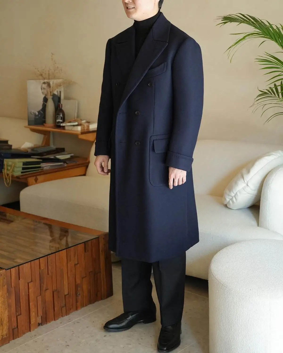 Abrigo personalizado de mezcla de lana para hombre, abrigo largo, chaqueta Vintage con doble botonadura, chaqueta de ajuste Regular de una pieza