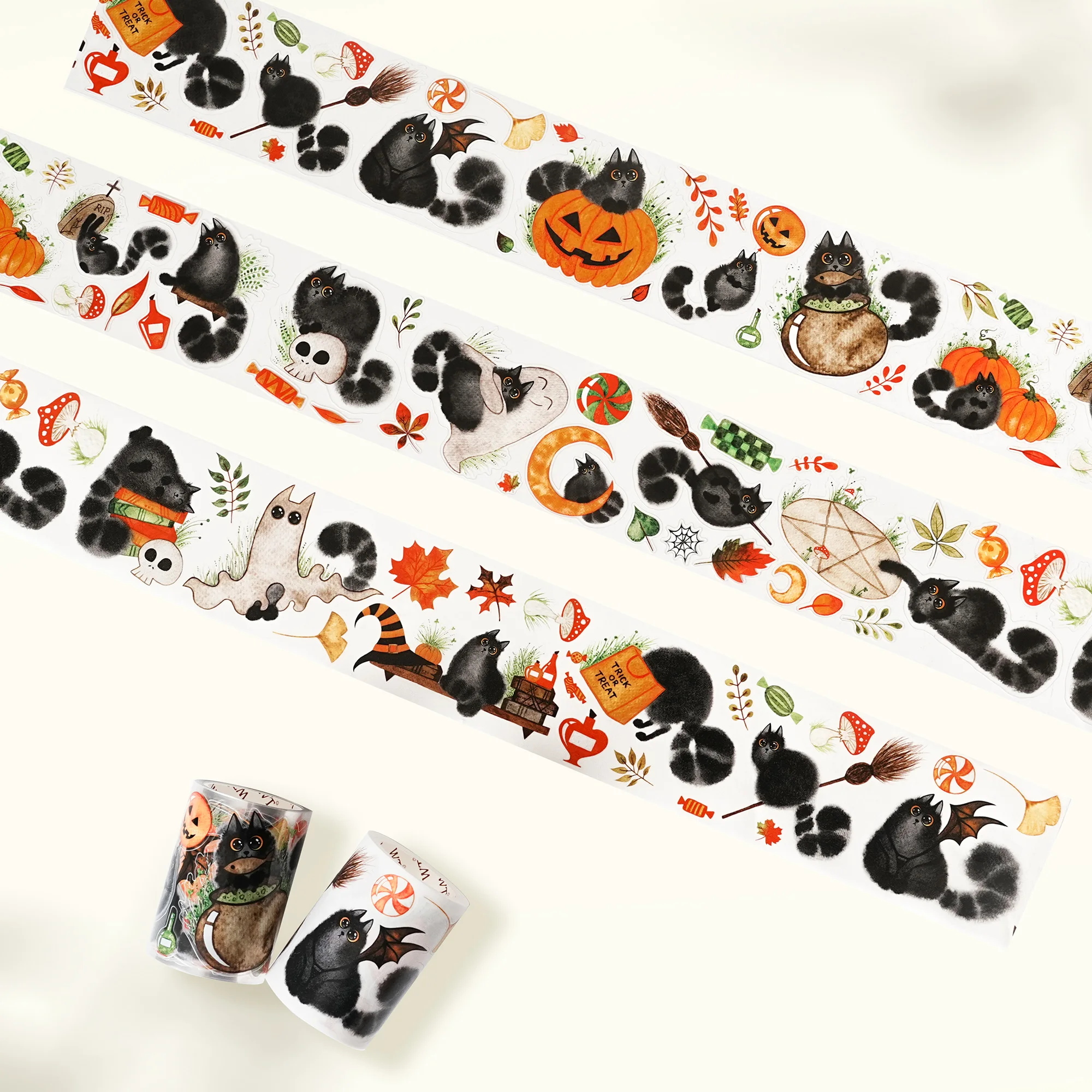 Pita Jurnal Halloween WT Washi PET Die-Cut Tape Kucing dan Lentera Labu Malam Hantu