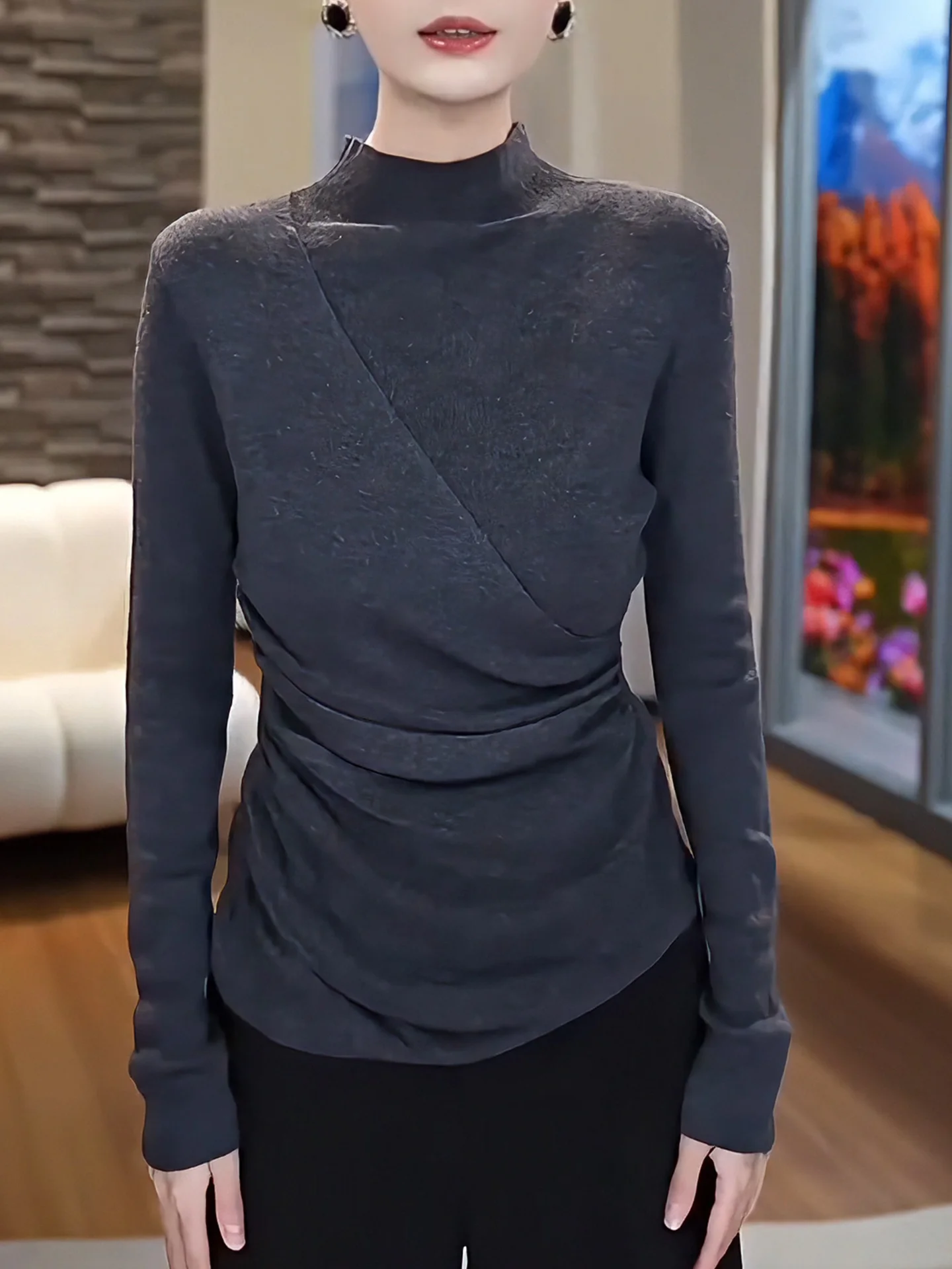 

ay Asymmetric f High Collar Long Sve Base irt Women's plus Size Slimming High-End Feeling Top French Sle Casual Wear