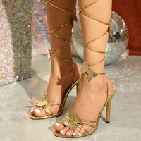 11.5cm/4.52inch Heel Elegant Designed Gold Woman Sandals Butterfly High Heels Cross-tied Straps Ladies Party Heels - Image 2