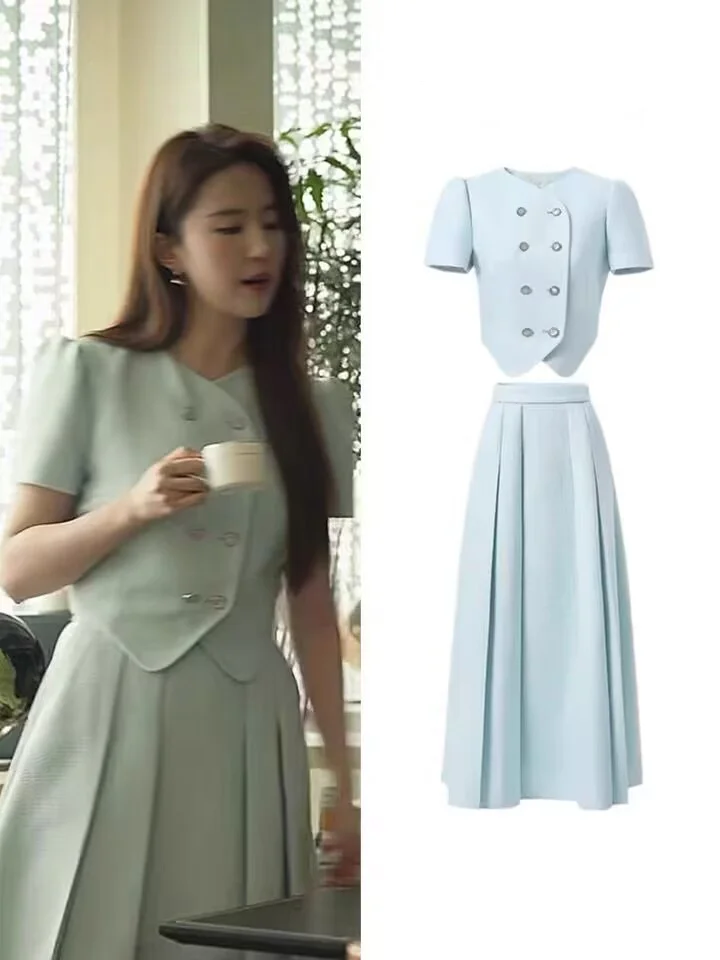 

Blue Short Jacket Skirt Set Women's EXJR Rose Story Li Yifeng Summer Fashion Cotton Outerwear Miniature Fragrance Style