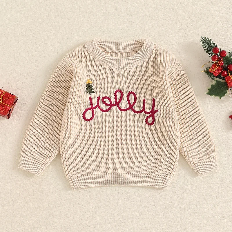 SUNSIOM 0-3 Years Toddler Christmas Sweaters Letter Embroidered Long Sleeve Round Neck Ribbed Knitted Pullover Tops Fall Clothes