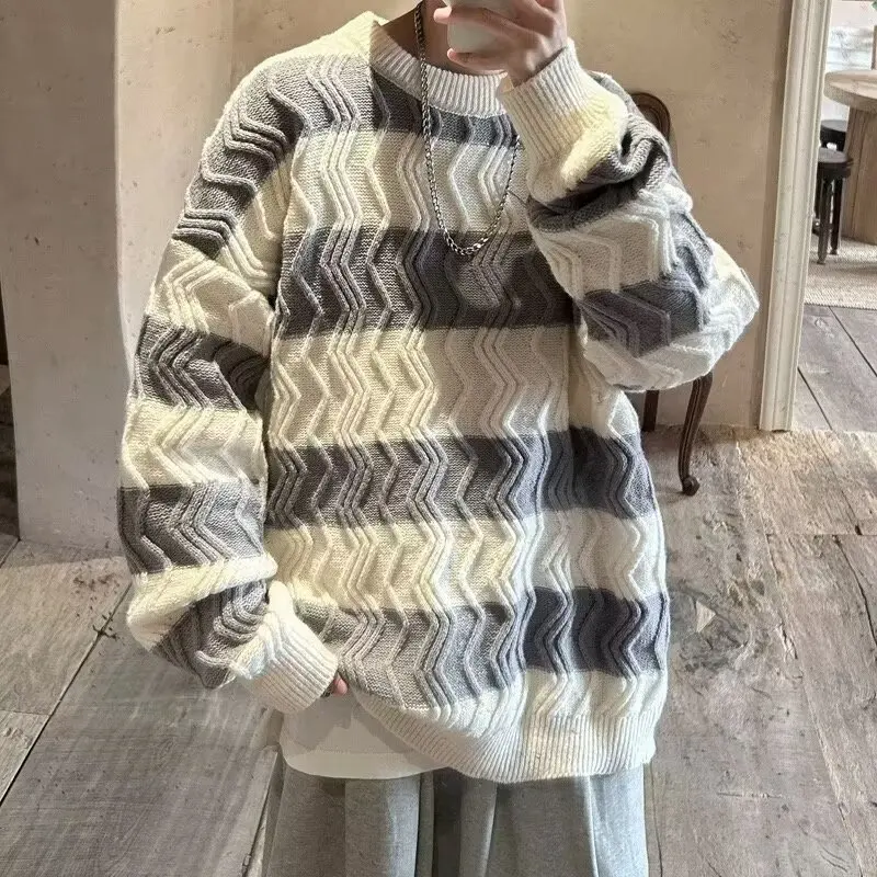 

Loose Fit Striped Knit Sweater Big Size 250 Pou Color Blo American Sle Polyester Fiber round Ne Long Sve for Men ...