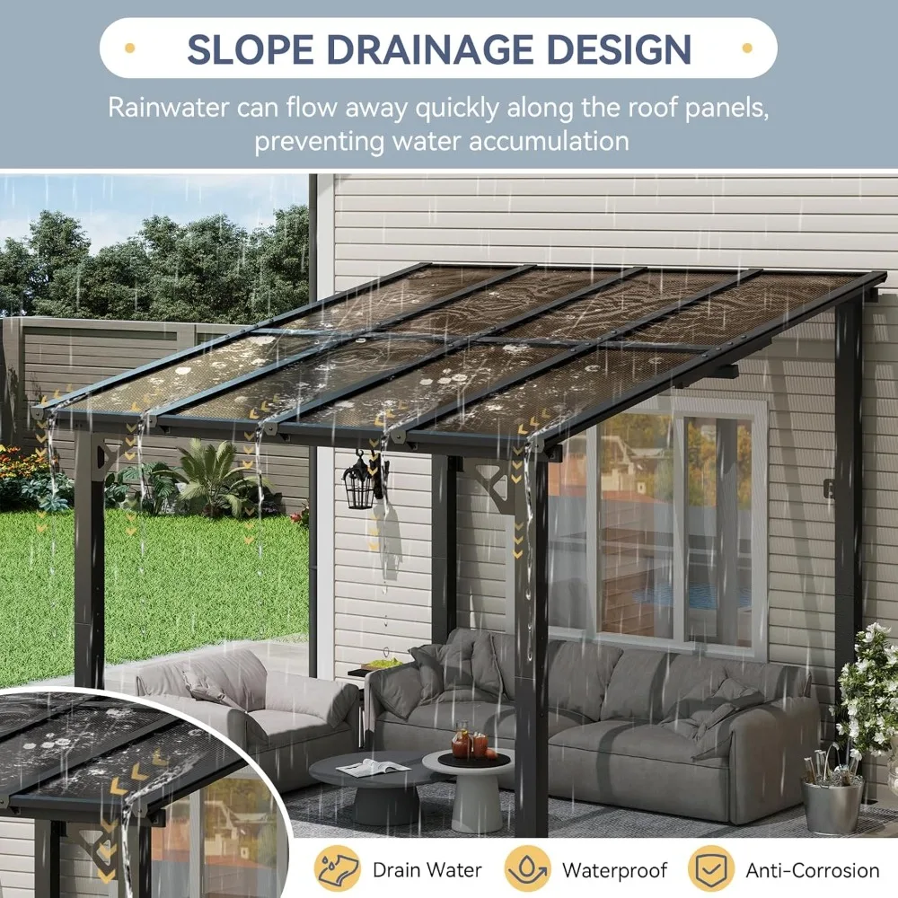 Lean to Gazebo Hardtop Pergola Polycarbonate Roof Wall Mounted Heavy Duty Awning Patio Canopy Backyard Deck Porch, Custom view 4