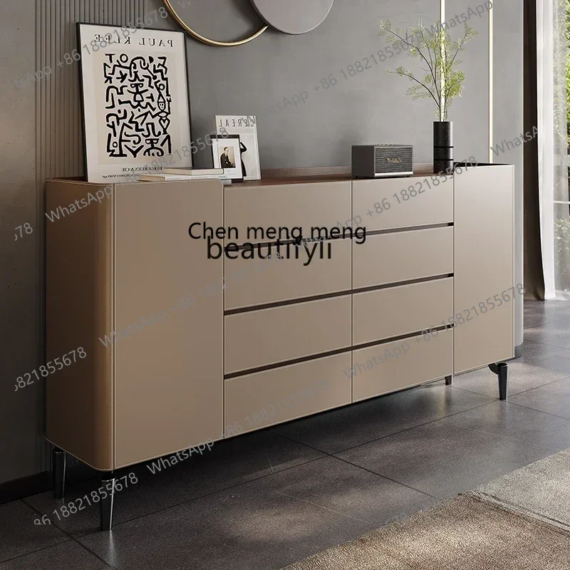 

182Q Minimalist saddle leather dining side cabinet Solid wood porch cabinet Multifunctional tea storage Bedroom bedside cabinet