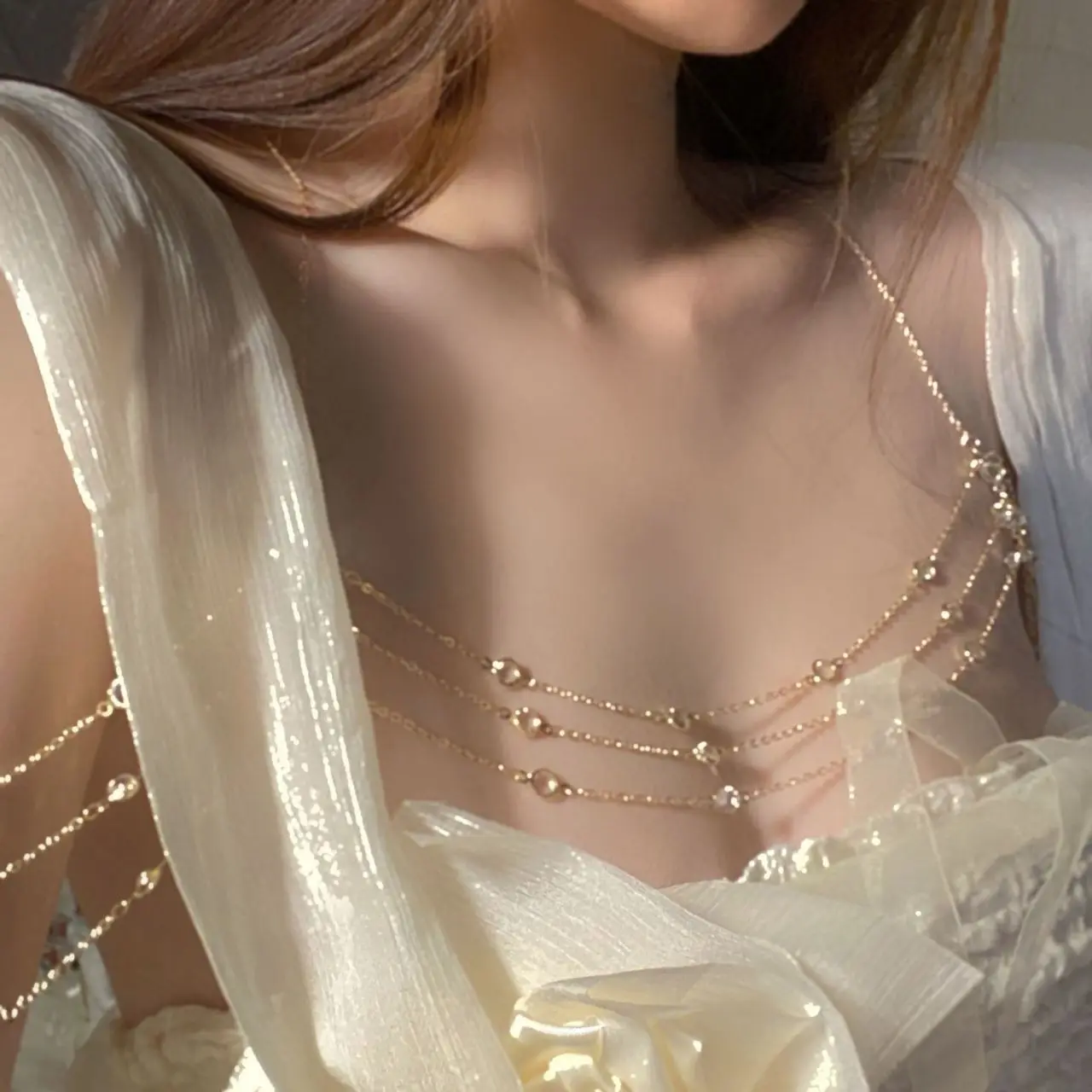 

Luxury Crystal Chest Chain for Women Multilayer Silver Color Metal Beads Zircon Body Chain Sexy Beach Bikini Jewelry Gift