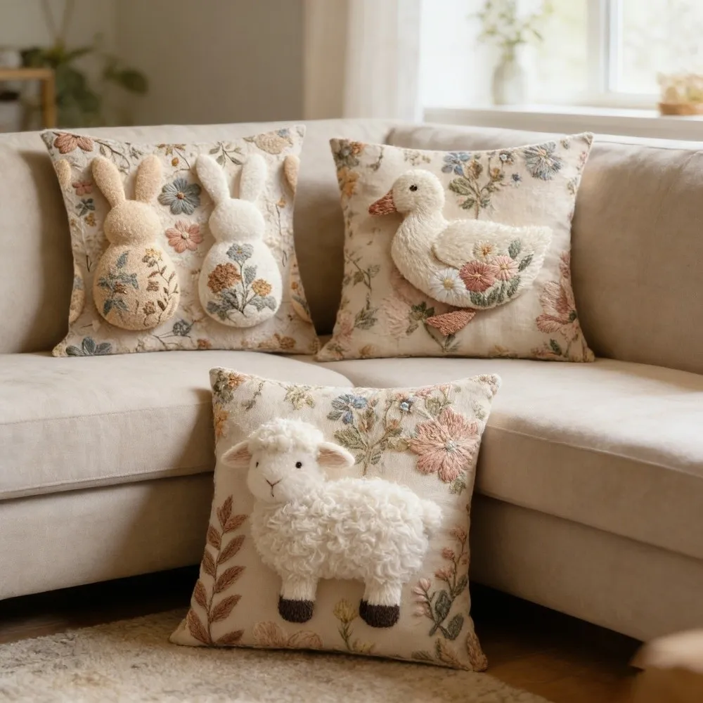 

Cartoon Easter Pillow Cover Animal Print 2D Flat Throw Pillow Cover Easter Theme Wear-resistant Pillow Towel Home Decor