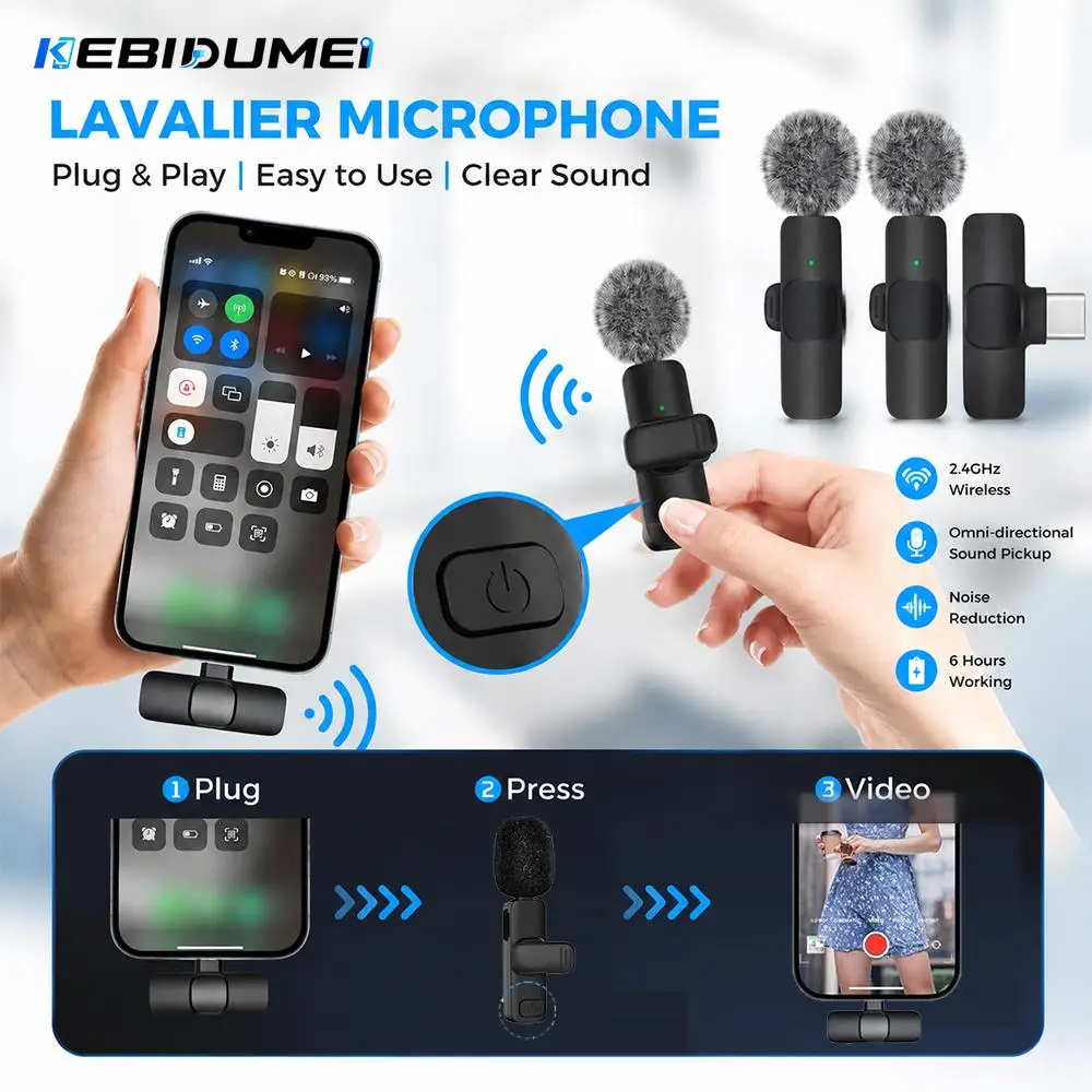 KEBIDUMEI Wireless Lavalier Microphone for Smartphones Computers Cameras Noise Reduction Collar Microphone Type-C Port Adapter