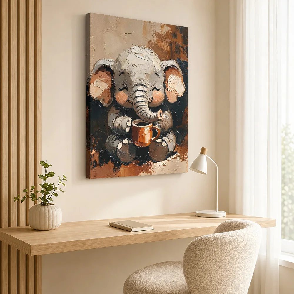 Elephant Enjoying Coffee Framed Canvas Poster Customized Photo Detailed Painterly Composition Wall Art For Cafe Seating Area