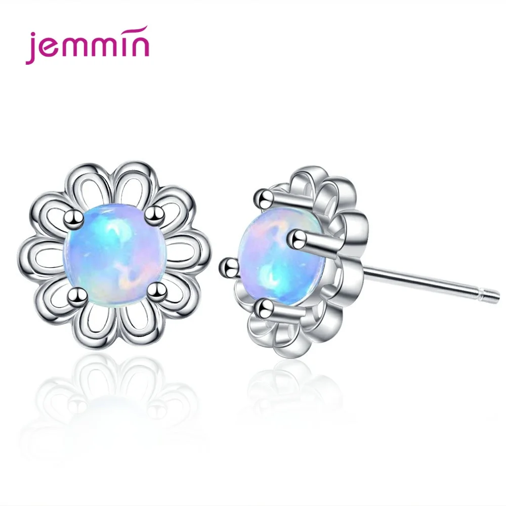 Lovely Design Fashion Genuine 925 Sterling Silver Flower Shaped Stud Earrings For Women Girls Shiny Moonlight Stone Jewelry