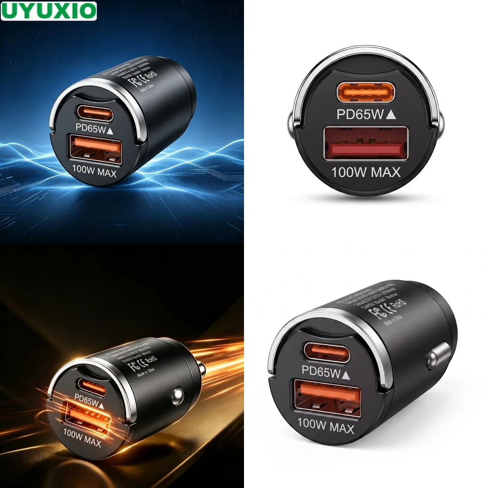 165W Compact Car Charger with PD 65W Type C and 100W USB A Ports Zinc Alloy Flush Fit Design for Multiple Mobile Devices