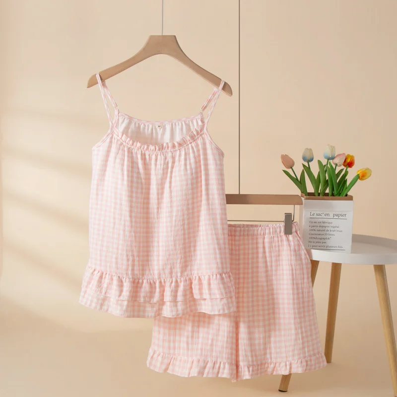 

2-Piece Women's Pajama Set, Fresh Plaid Print Sleepwear, Cotton Camisole Top & Shorts with Built-in Bra, Lightweight & Breathabl