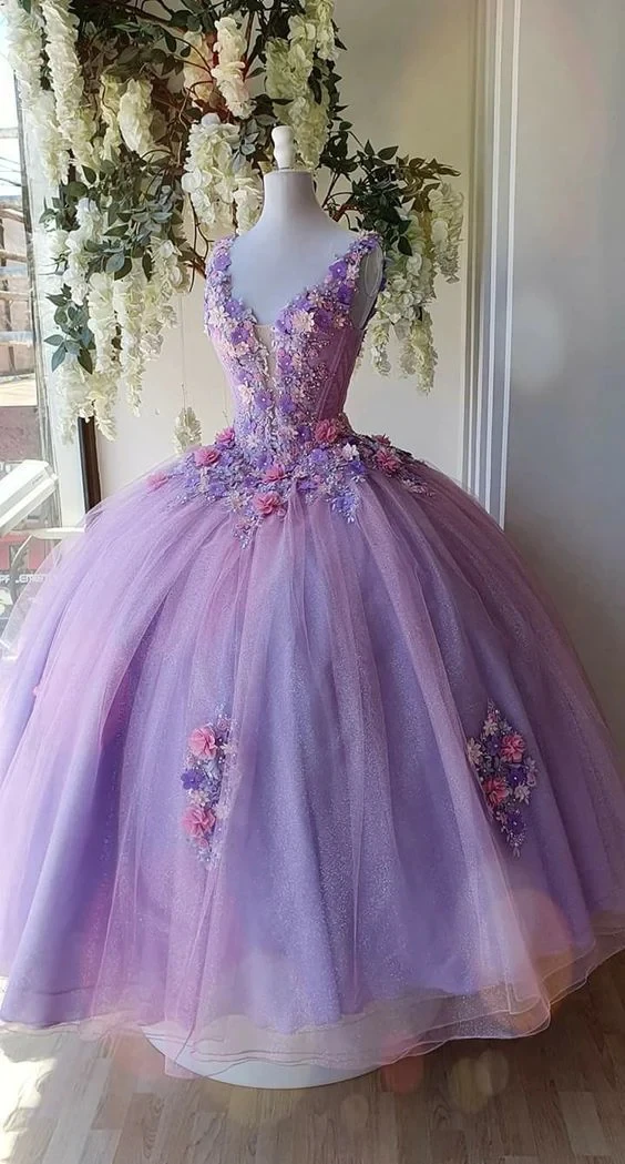 CloverBridal Beautiful V-Neck Lilac Pearls Beaded 3D Floral Dresses for Quinceanera Sleeves Glitter Orangza 15 Years Old WQ9706