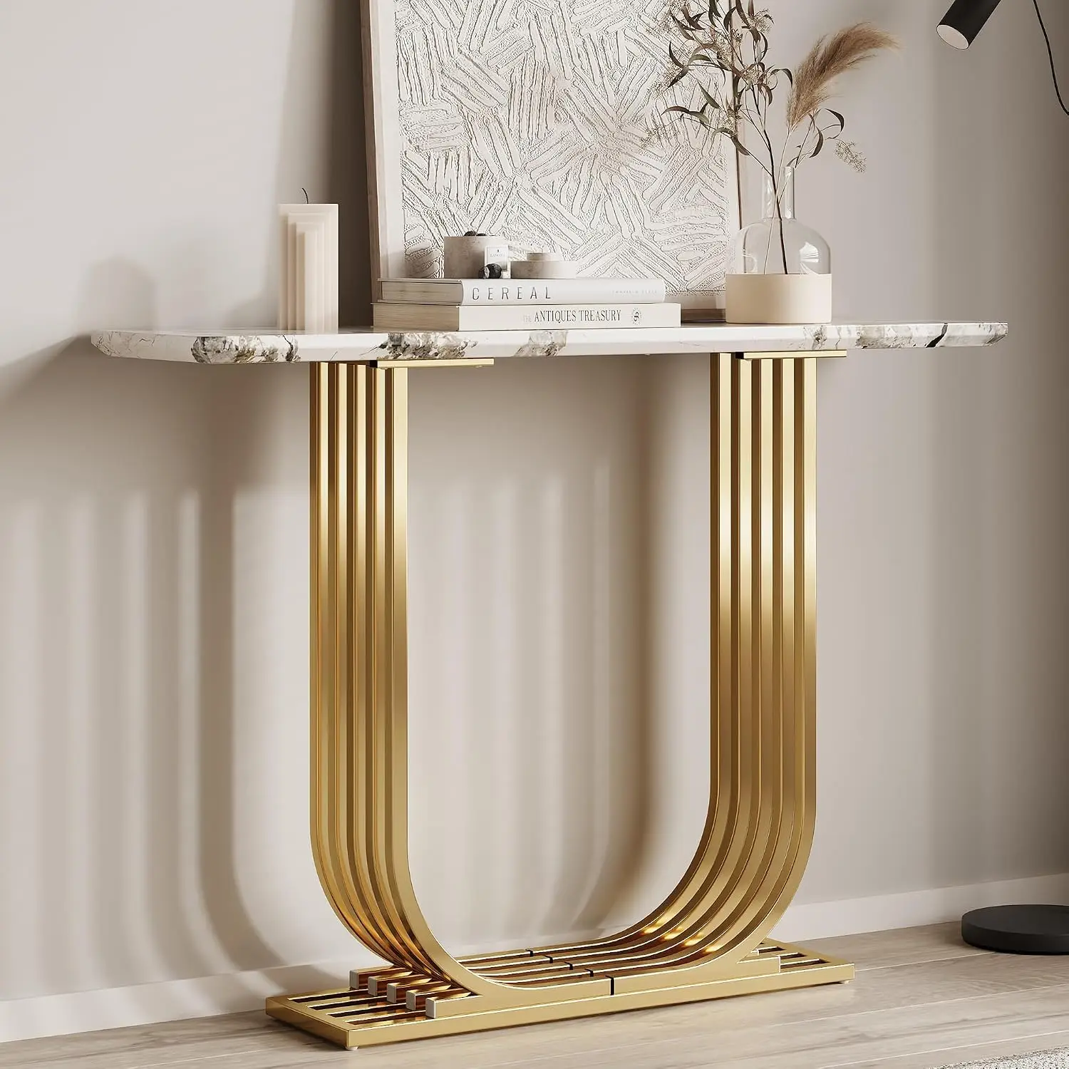 Modern Console Table Narrow Wooden Entryway Table with Marble Top & Gold Metal Base, Accent Sofa Table for Living Room Foyer Hal