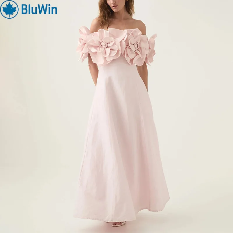 فستان BluWin 5Colors 2025 بدون حمالات - مزين بالزهور ثلاثي الأبعاد، فستان أنيق بلون موحد للنساء