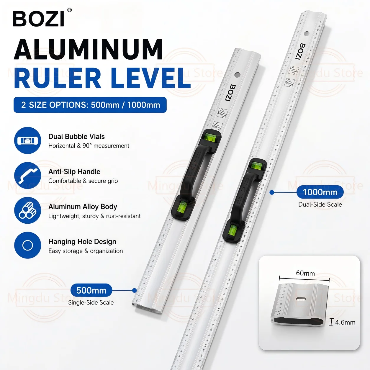 High Precision Spirit Level Ruler, 500mm/1000mm Aluminum Alloy Measuring Tool with Black Handle for Construction Woodworking