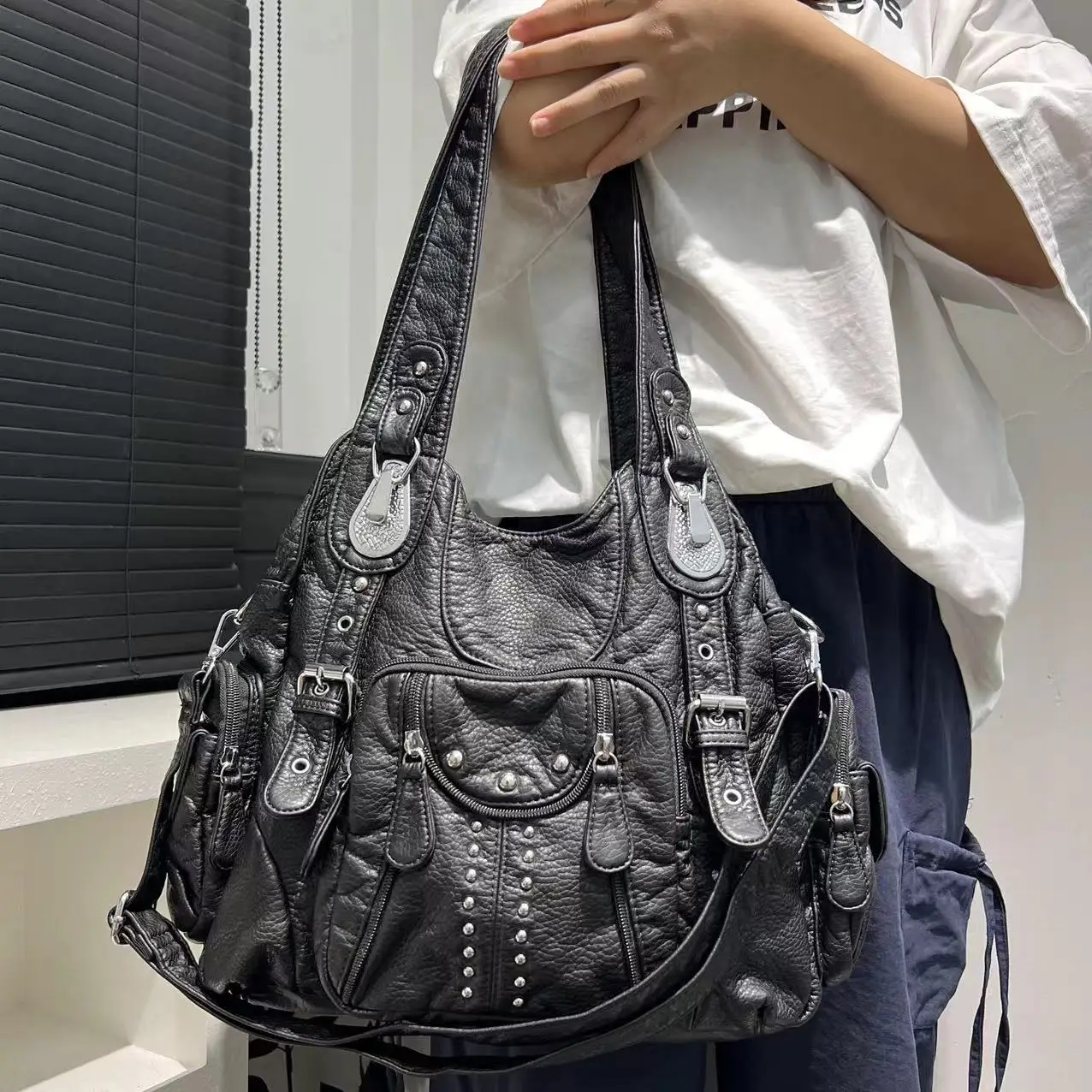 Sac fourre-tout en cuir PU souple vintage pour femme, sac à main grande capacité, multi-poches commpiedmont initié