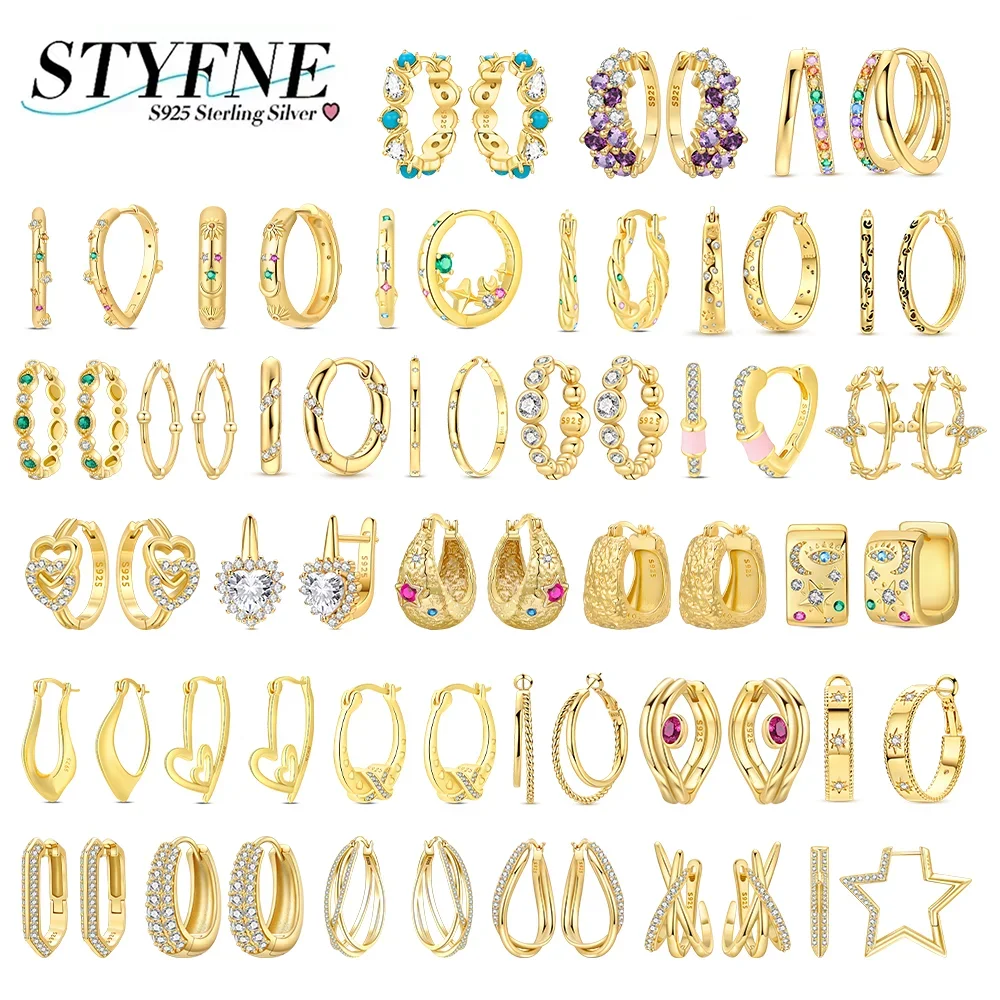 Women Earrings 925 Silver Gold Plated Heart Zircon Retro Star Sun Hoop Earrings for Party Birthday Jewelry Valentine's Day Gift
