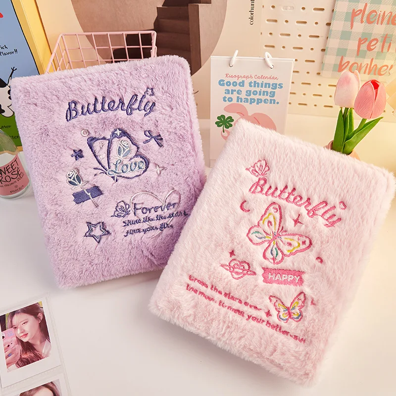 A5 Butterfly Plush Embroidery Album 4 Pocket Ring Binder for Cards KPOP Photo Book Girls Organizer Idol Memory Scrapbook