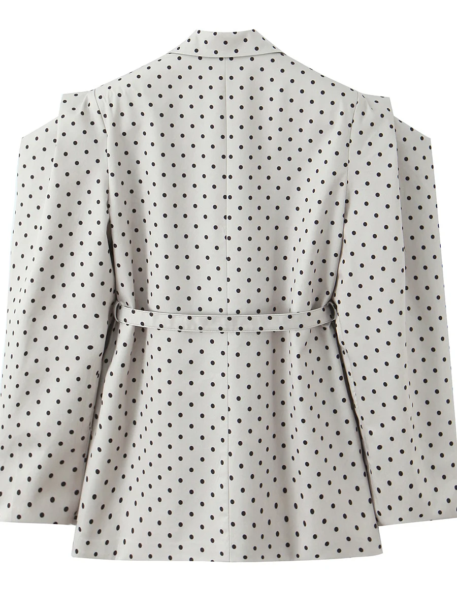 Women's Bubble Sve Suit Jaet with Belt in Office Wear Polka Dot Print Loose Fit Long Sve Single Button Closure