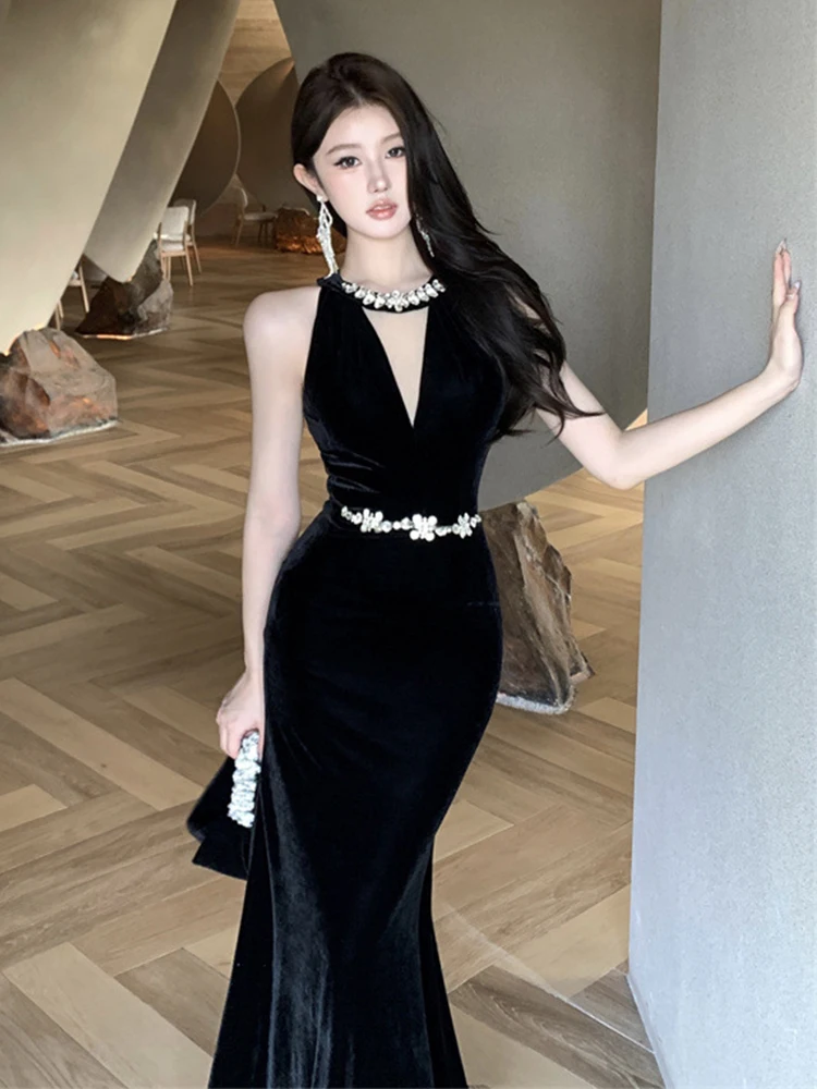 فستان سهرة رسمي مثير عتيق للنساء أنيق أسود رسن بقماش شفاف لصق ذيل السمكة رداء نسائي للحفلات فيستدوس فييستا