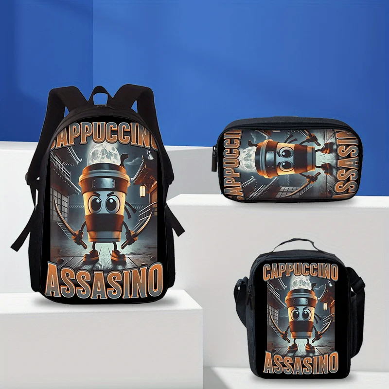 3pcs Brainrot Print Backpack Set - Lightweight Travel Backpack, Multi-Functional Storage Bag & Organizer | Adjustable Shoulder S