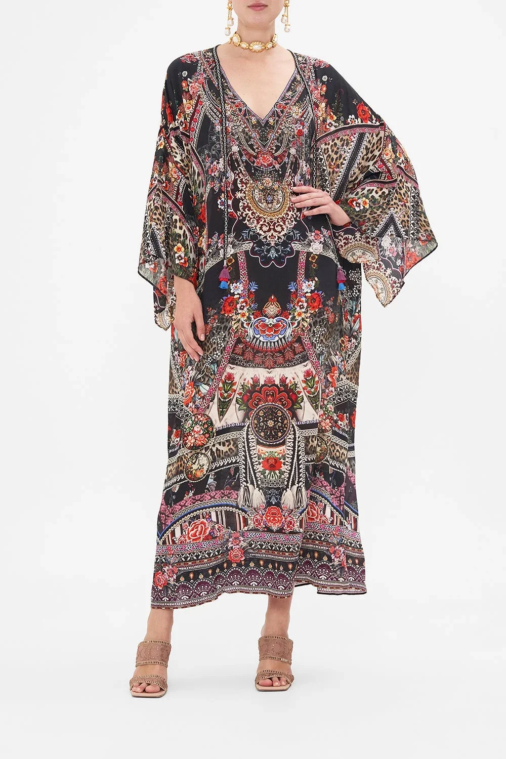 

Robes for Women 2024 New Spring Summer Silk Flower Printed Beaded V-Neck Vintage Flare Full Sleeve Long Dress for Holiday