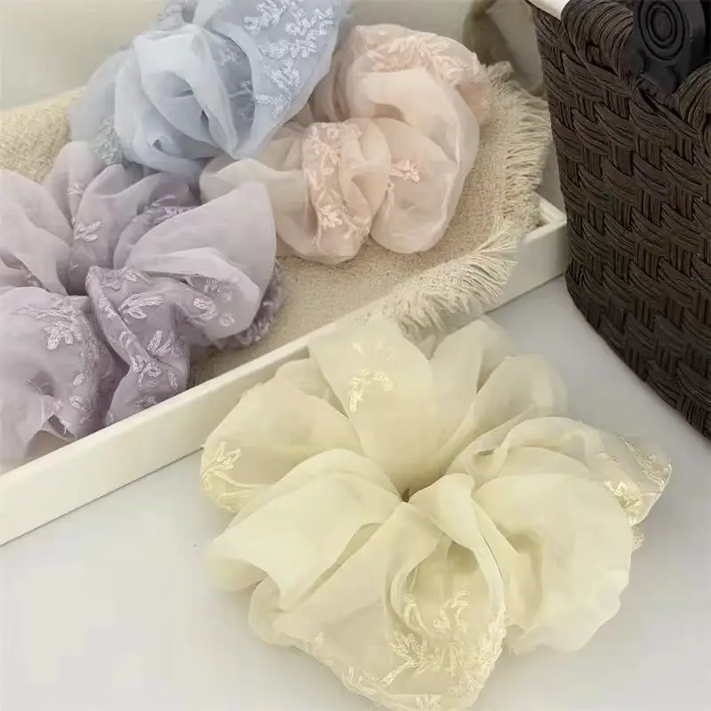 Elegant and Exquisite Embroidery Pleated Hair Band Women's Sweet Elastic Hair Scrunchie Fashionable and Versatile Hair Accessory
