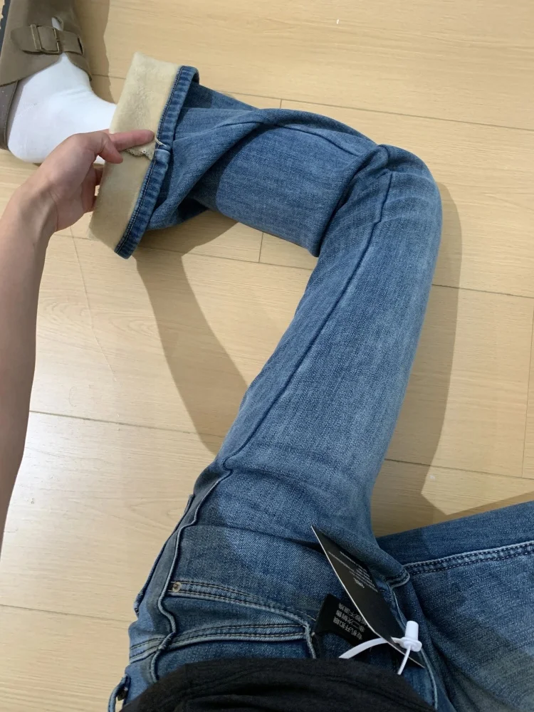 ريترو الأزرق Fce اصطف Thiened مايكرو متوهج الدينيم الجينز المرأة الشتاء حجم كبير عالية الخصر مطاطا جرس بوت بنطلون طويل #3