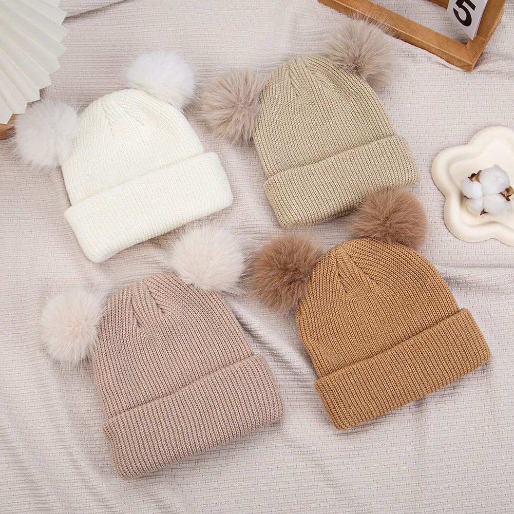 1-10Y Kids Bobble Hat Baby Knitted Hat Pom Pom Fur Ball Beanie Children Winter Warm Ski Beanie Girls Boys Wool Knit Bonnet Hat