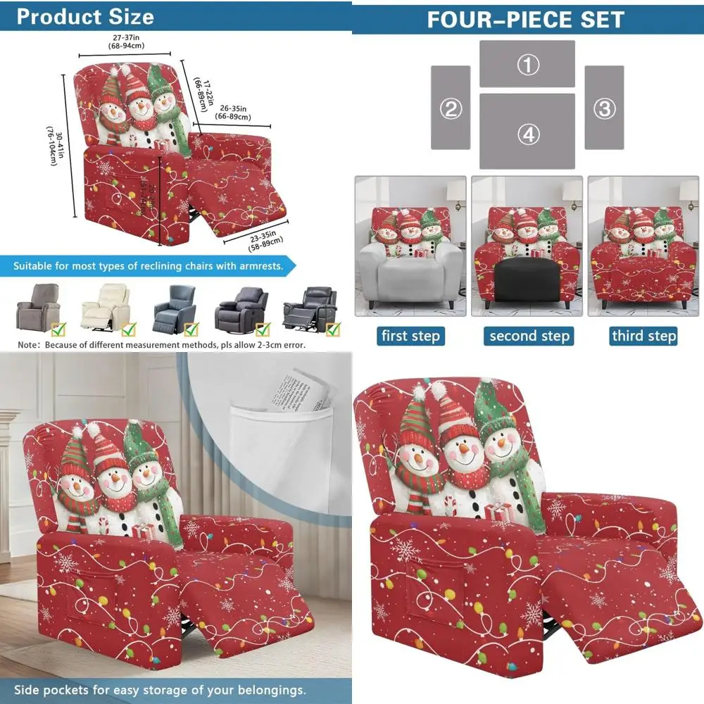

4-Piece Red Snowman Christmas Recliner Couch Cover Set with Storage Pockets for Lazy Boy Chairs