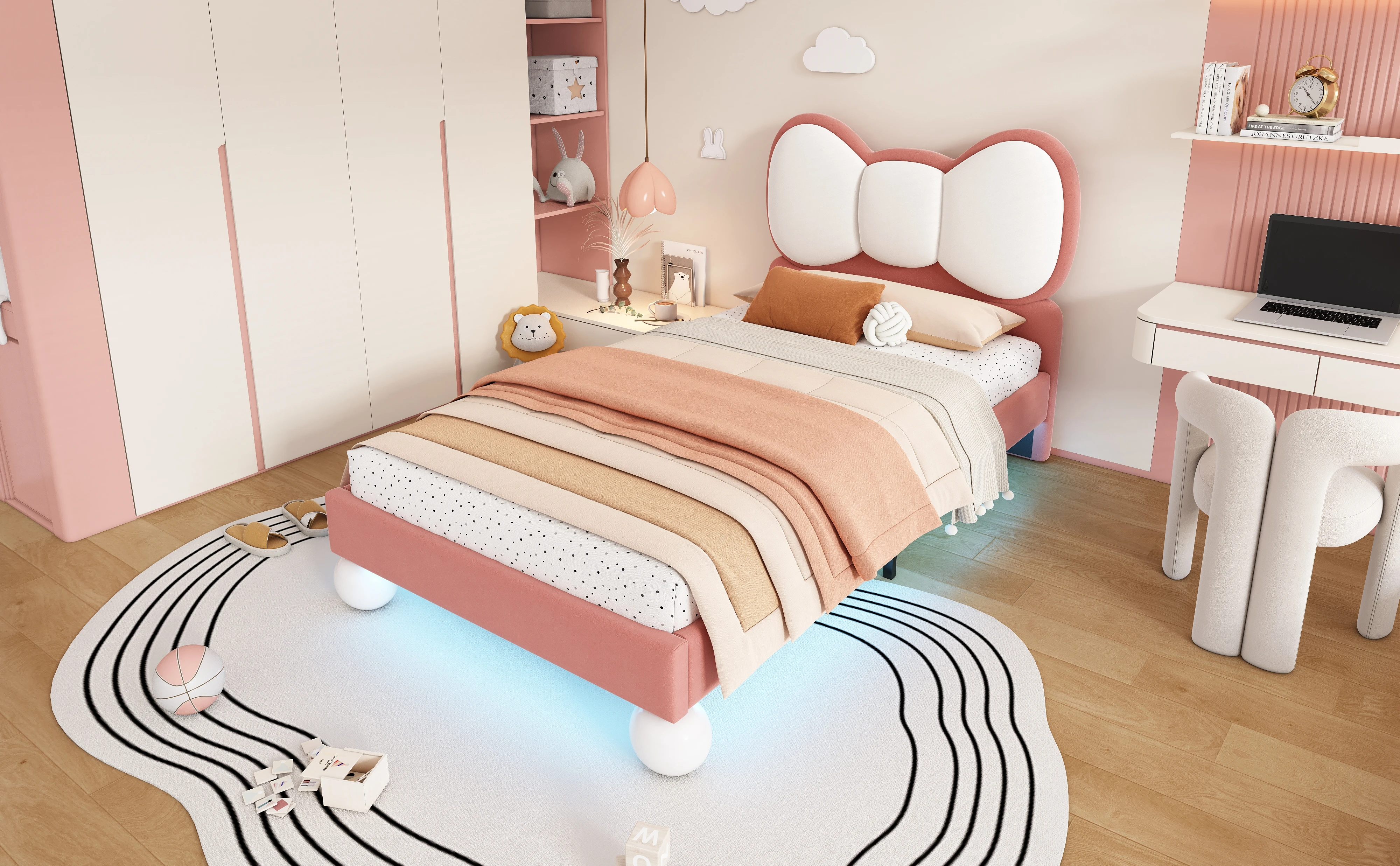 PINGGO Kinderbett, Einzelbett, 90 x 200 cm, Samt-Kopfteil in Fliegenform, Farbe, verstellbares LED-Licht, stabile Latten, ohne Matratze – Detail 1