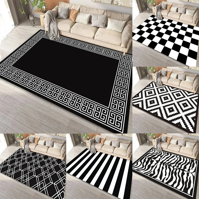Schwarz-weißer geometrischer Teppich, gestreifter karierter Teppich, weiche, rutschfeste Fußmatte, moderne künstlerische Bodenmatte für Wohnzimmer und Schlafzimmer