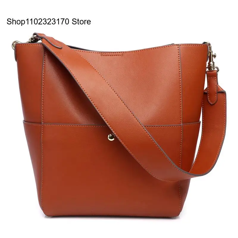 Genuine Leather Large Capacity Single Shoulder Crossbody Tote Bucket Bag for Women