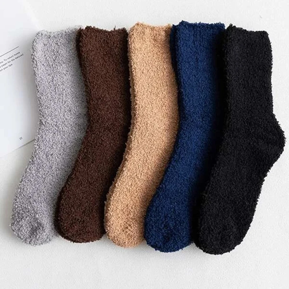 

5 Pairs Men's Thickened Mid Tube Plush Socks Winter Warmth Coral Fluffy Solid Color Soft Comfortable Men's Sleeping Floor Socks
