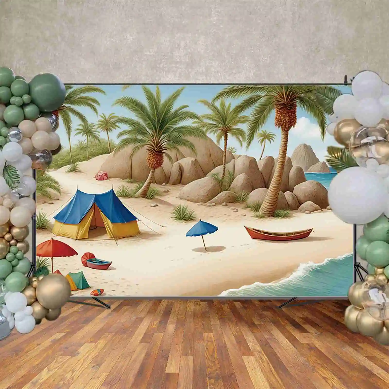 MOON.QG Beach Holiday Birthday fondali Boy Tent Palm Tree Sand Travel Background decorazione personalizzata per feste Photozone puntelli