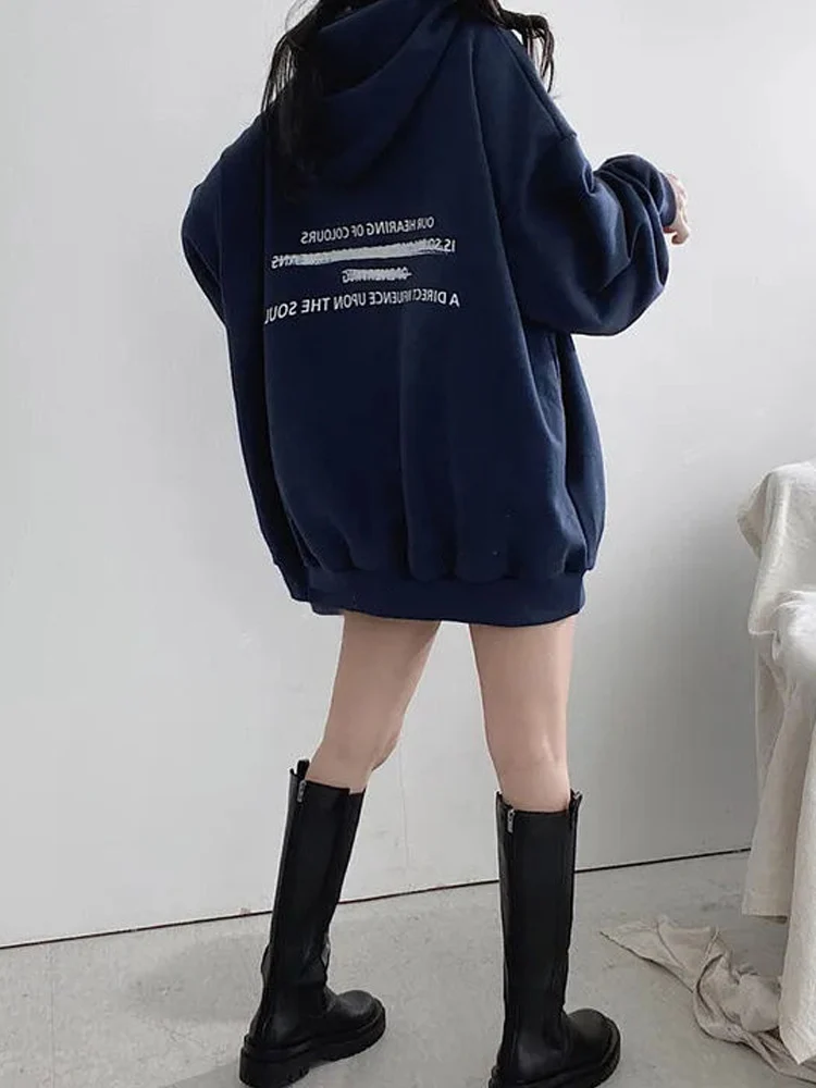 2024 Autumn Minimalist Long Sleeve Women Oversize Hoodies Korea Style Funny Printing Loose Pullovers Y2K Female Clothing Tops