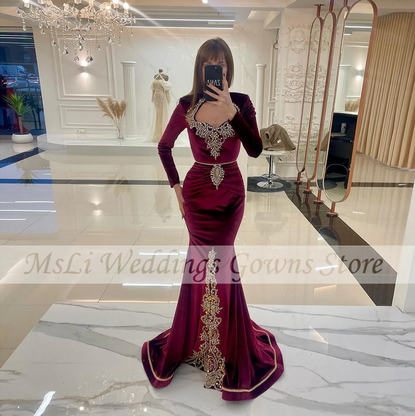 Gaun Prom putri duyung elegan untuk gaun acara Formal lengan panjang manik-manik applique beludru wanita Arab Timur Tengah