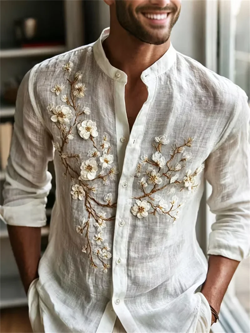 New Retro Batik Style Tropical Floral 3D Printed men's Long Sleeved Shirt Bohemian Vacation Casual Shirt