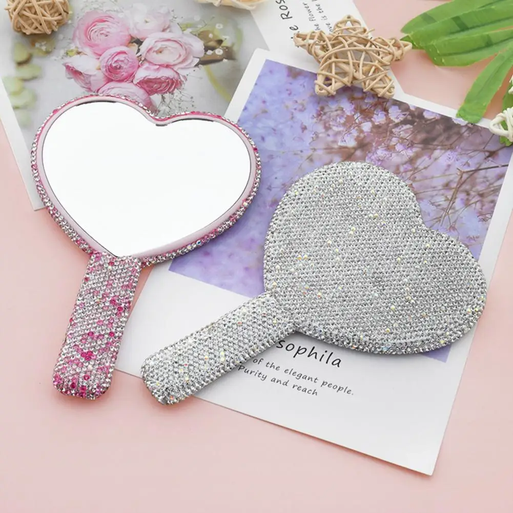 Makeup Mirror Glitter Rhinestone Decor Square Round Heart Shaped Handheld Mirror Cosmetic Mini Pocket Cosmetic Mirror Women