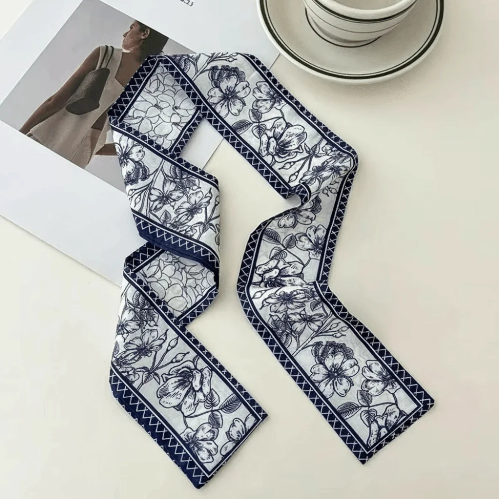 

Versatile 90×7cm Silk Scarf Retro Double Sided Narrow Scarf Floral Pattern Elegant Neck Scarf for Women