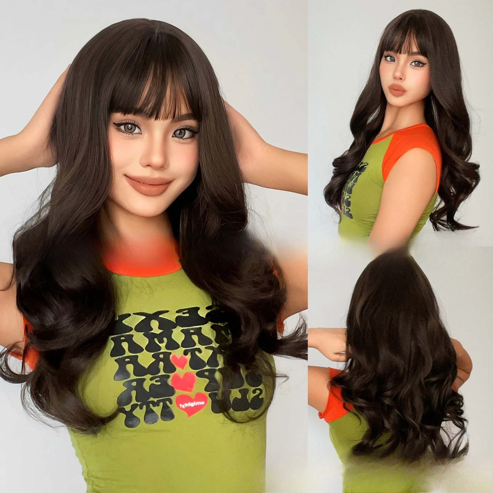 

Wig natural brown Qi bangs long curly hair full head cover chemical fiber women head cover hair wig